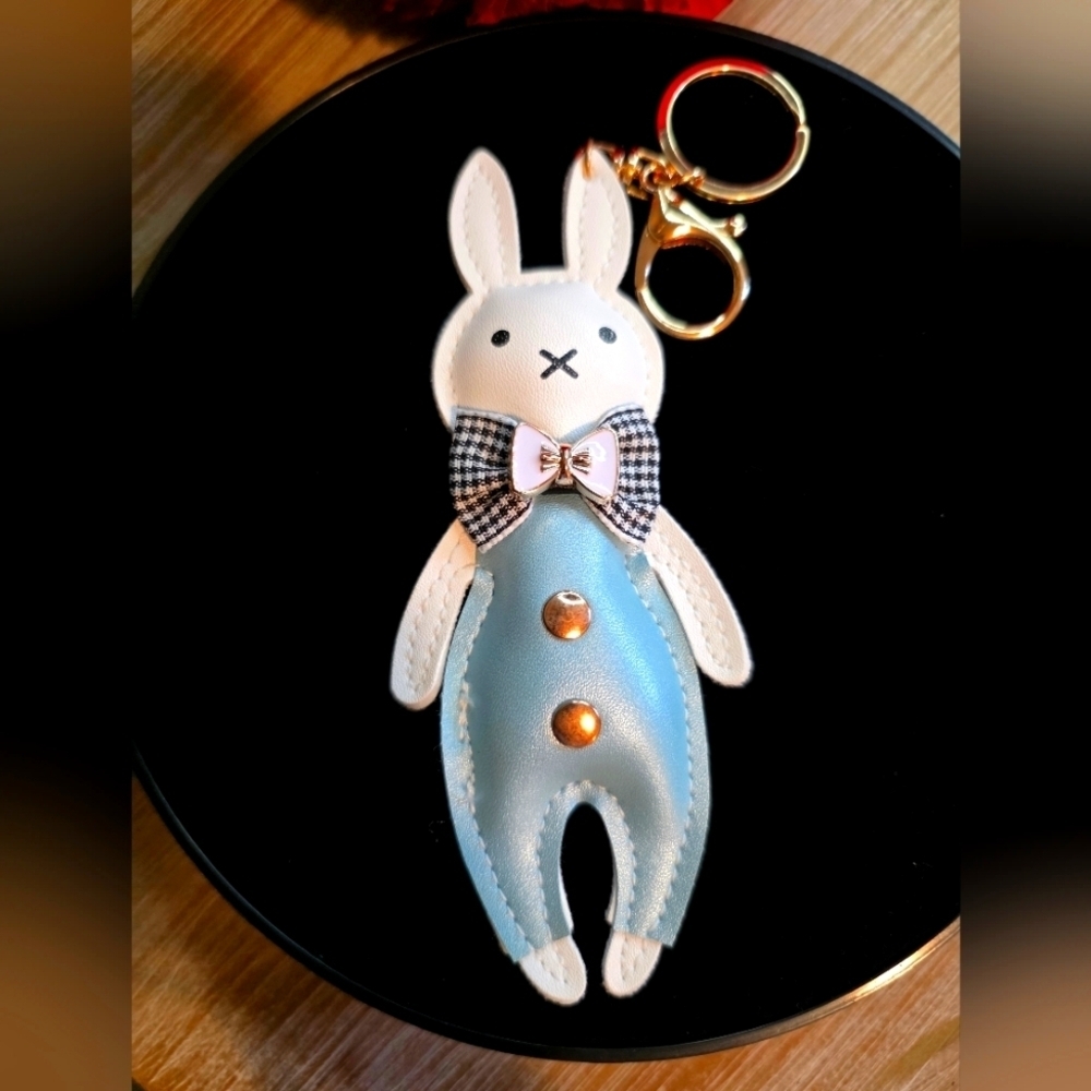Cute Bunny Keychain - Bag Charm – Blue Outfit with Bow Tie